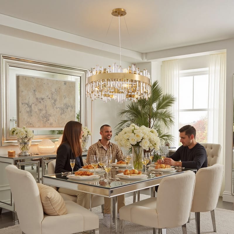 24 in. 2-Tier Modern Crystal Chandelier Brass Gold Round Crystal Raindrop Chandelier Contemporary Pendant Light for Dining Room