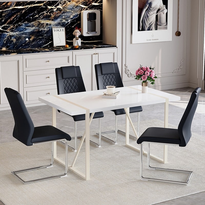 5-Piece Cream White MDF Dining Table Set, with 4 Chairs, Silver Metal Legs, Kitchen Dining Room Set