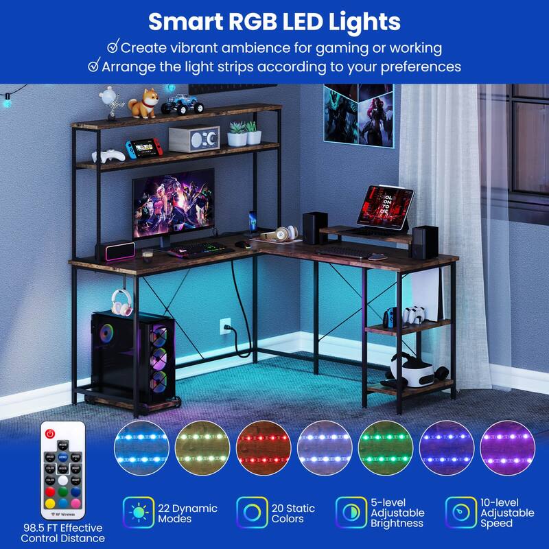 Costway L-Shaped Gaming Desk with LED Strip & Power Outlets Hutch - See Details