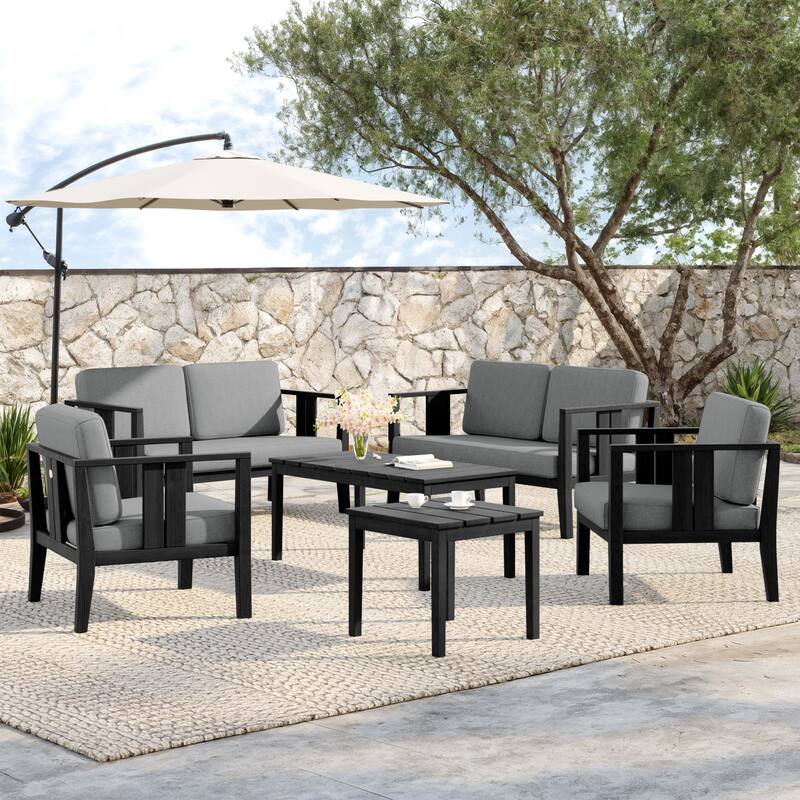 Teak Wood 6-Piece Outdoor Conversation Set with Table - Black frame - Grey/Black