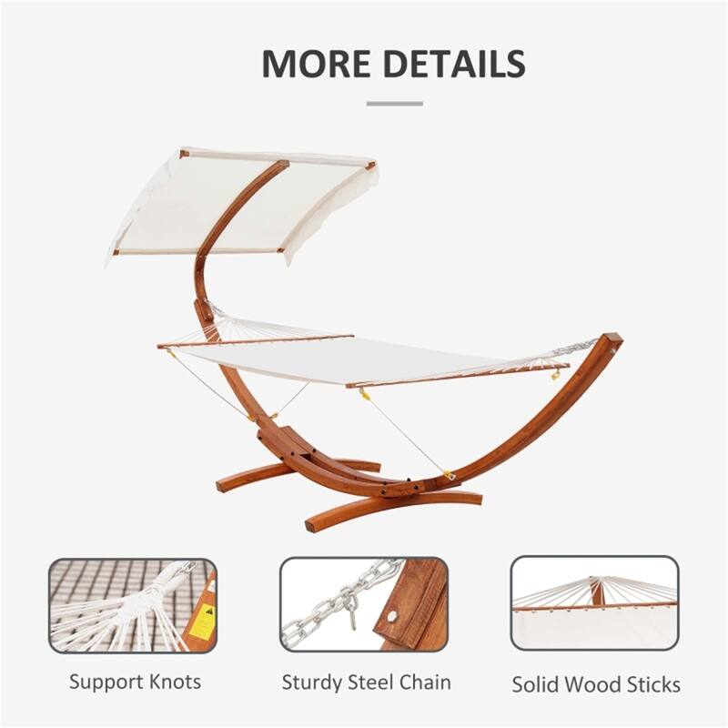 Wooden Hammock with Stand and Sun Canopy and Large Cotton Bed for Indoor Outdoor Relaxation - 157.5"L x 59"W x 84.75"H