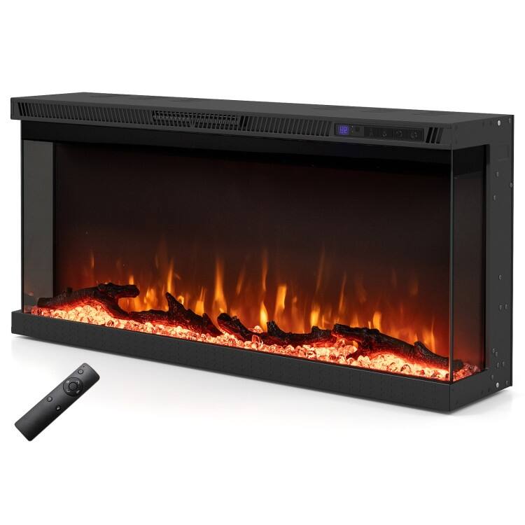 Black 3-Sided Electric Fireplace with Remote and Panoramic Tempered Glass Flames 5000 BTU Heater - 36 Inch