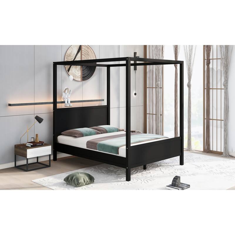 Queen Size Platform Bed Traditional-Modern Style Headboard and Footboard, Enhanced by Solid Wood Slats Support