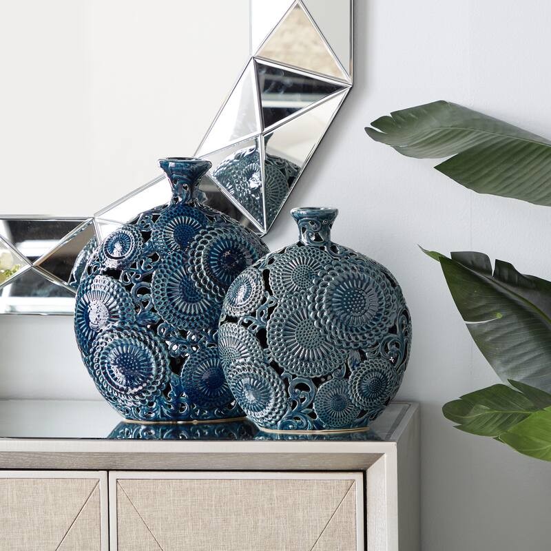 Blue Ceramic Eclectic Vase Set of 2