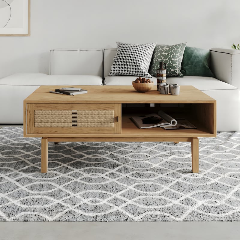 Studio London Lucas Storage Oak Wood Coffee Table for Living Room - Oak, Natural, Brass - Wood
