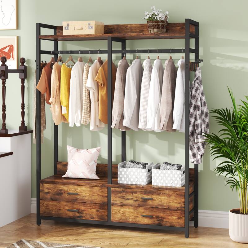 Freestanding Closet Organizer, Clothing Rack with 4 Drawers, 8 Hooks and Storage Shelves - Grey