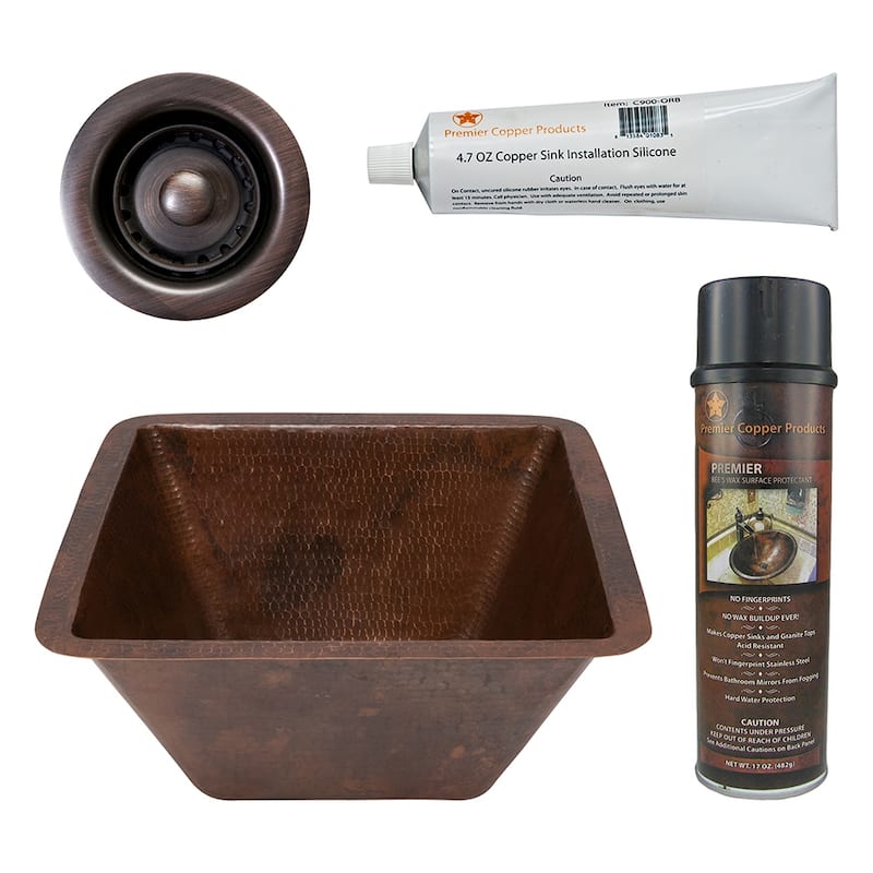 15" Square Hammered Copper Bar/Prep Sink w/ 2" Drain Opening, Matching Drain and Accessories