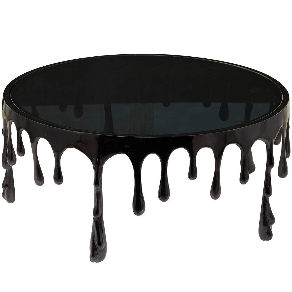 Aluminum Metal Abstract Drip Accent Table with Melting Design and Shaded Glass Top - Roche River Decor