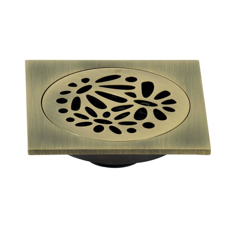Kingston Brass Watercourse Floral 4" Square Grid Shower Drain - Antique Brass