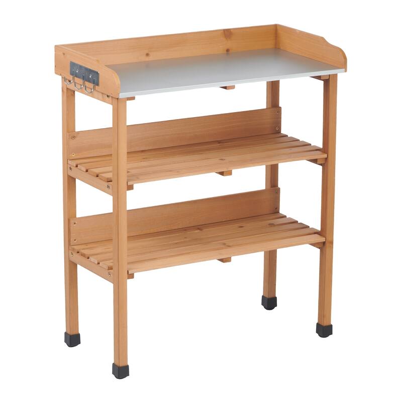 3 Layers Outdoor Work Potting Table, Solid Wood Workstation for Garage