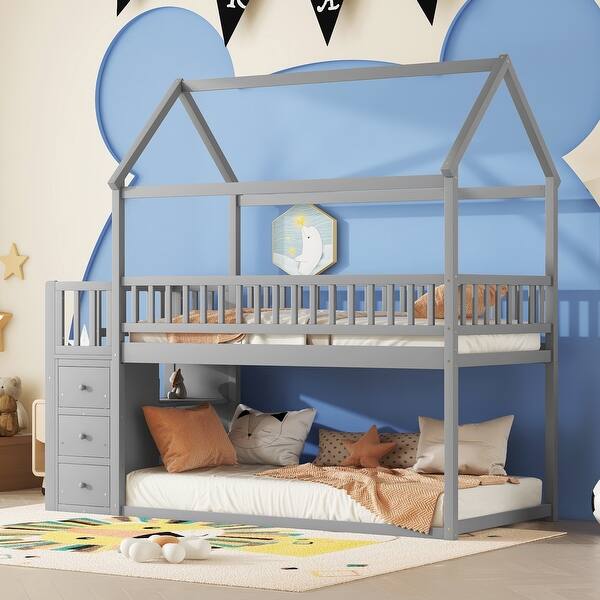slide 2 of 19, Twin over Twin House Bunk Bed With Shelves And Drawers