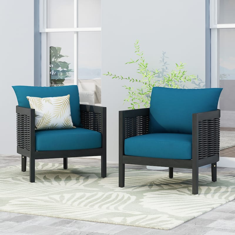 Burchett Outdoor Acacia Wood and Wicker Club Chairs (Set of 2) with Optional Sunbrella Cushions by Christopher Knight Home - PolyesterTealCushion