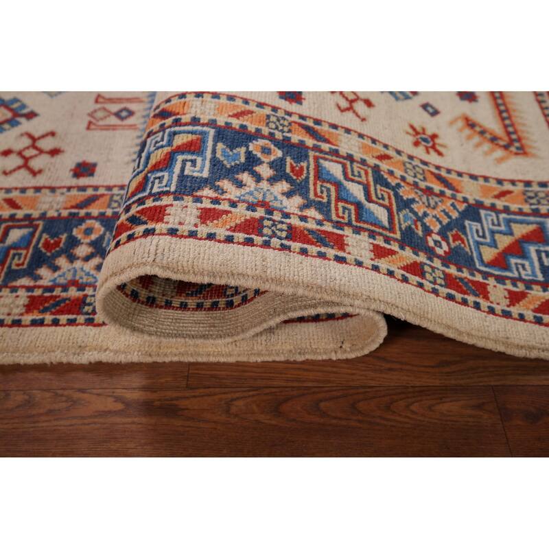 Geometric Beige / Ivory Kazak Accent Rug Hand-Knotted Wool Carpet - 4'0" x 6'1"