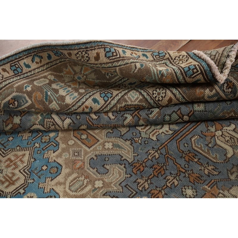 Blue Geometric Tabriz Vintage Persian Rug Hand-Knotted Wool Carpet - 6'5" x 9'4"