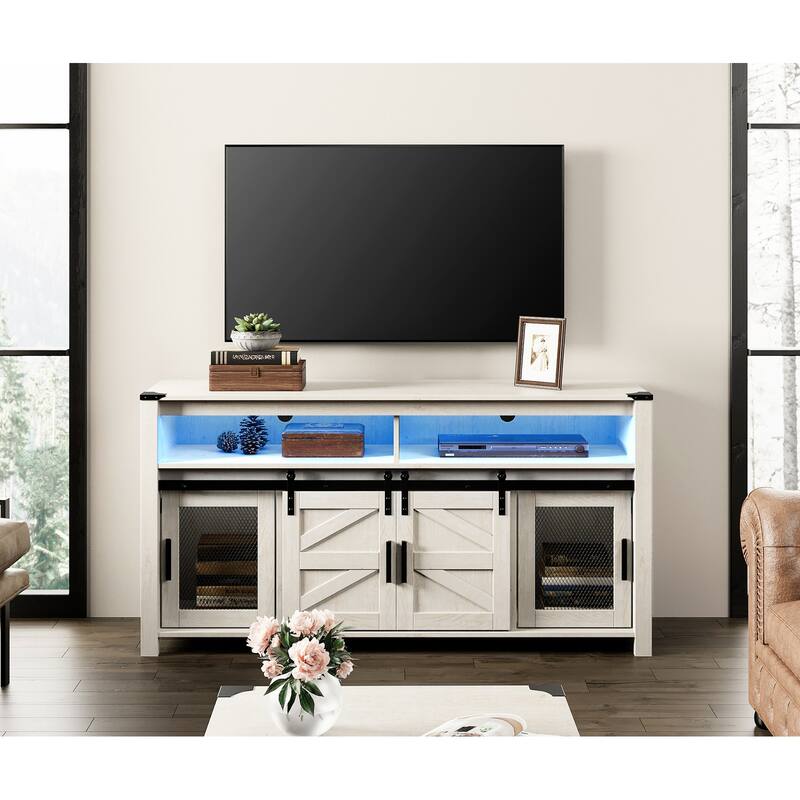 LED Farmhouse Entertainment Center with Mesh and Barn Doors, 31" H