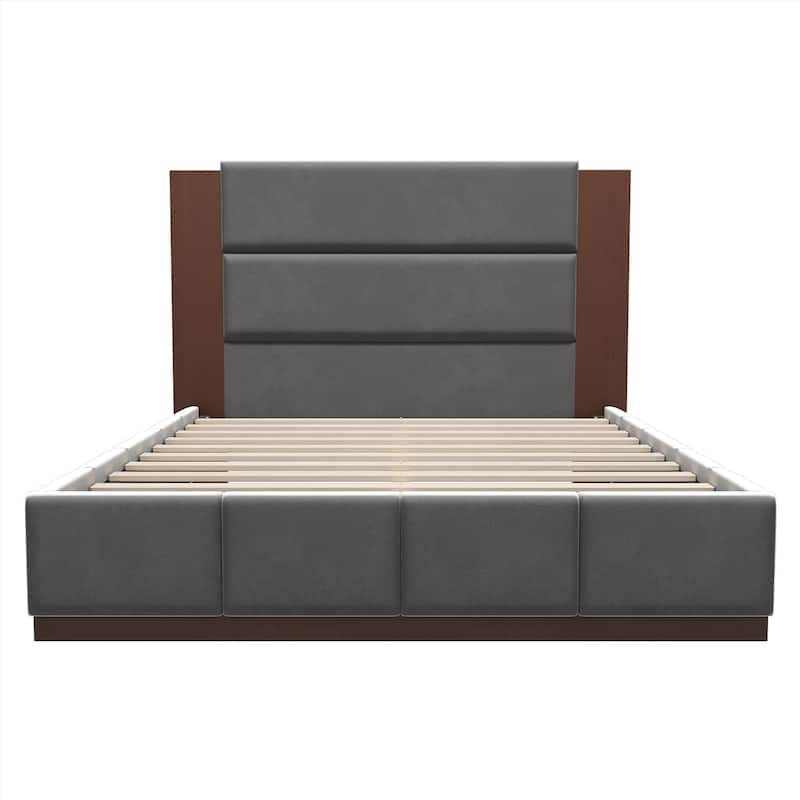 Velvet Upholstered Platform Bed Frame with 49" High Headboard, Stable Solid Wood Base, Wooden Slat Support, Noise-Free Structure