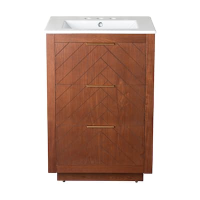 Daxton 24 In. Brown Walnut Bathroom Vanity With White, 3-Hole Ceramic Sink Top