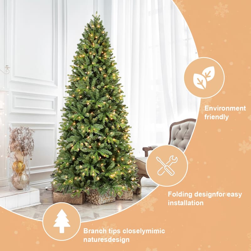 8FT Christmas Tree with 1847 Tips and 600 Warm White LED Lights-PVC+PE Mixed Branches, Hinged Structure, Metal Stand