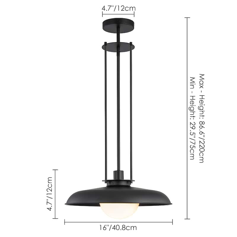1-Light Modern Industrial Black Dome Pendant Island Light with Frosted Opal Glass Globe Shade