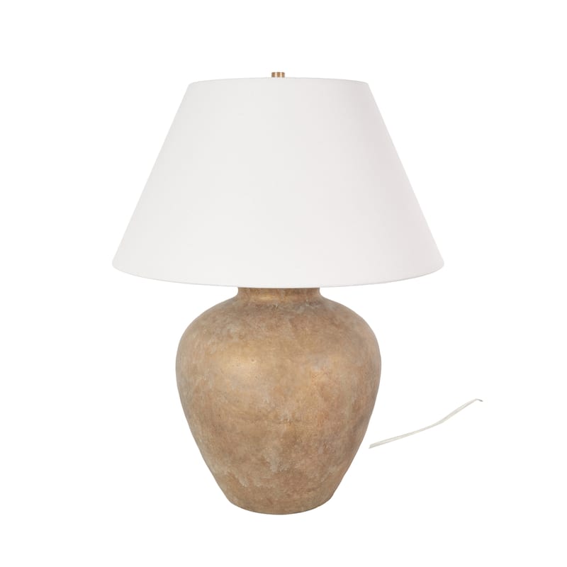Ceramic Wide Rounded Distressed Antique Table Lamp with Cream Linen Shade - Black or Brown - Roche River Decor
