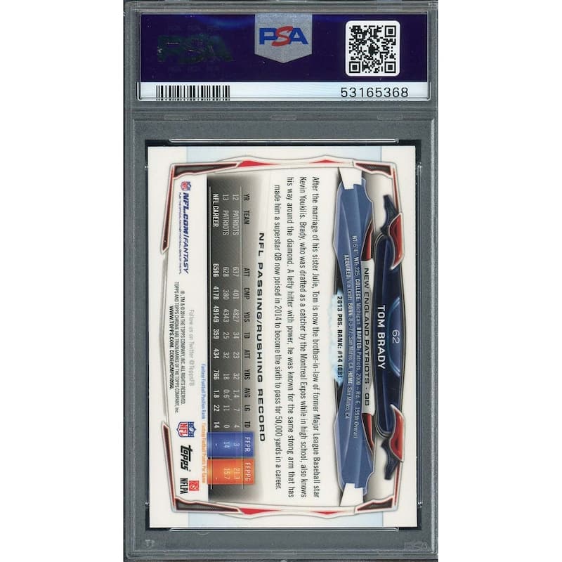 Tom Brady 2014 Topps Chrome Blue Jersey Football Card #62 Graded PSA 9 - 8'6" x 11'6"