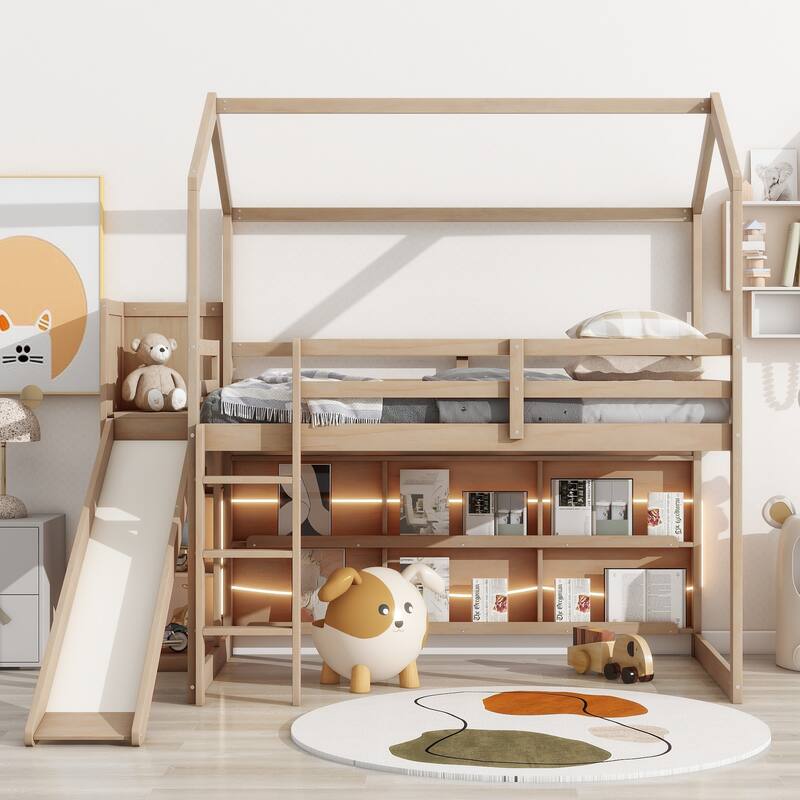 Twin Size Wood Loft Bed with Slide, Storage Shelves, and Climbing Ramp