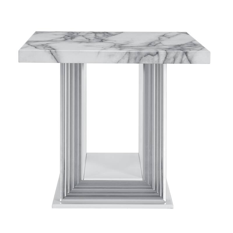 HomeRoots 24" White and Silver Faux Marble and Wood Pedestal End Table - 26' X '24.4' X '26