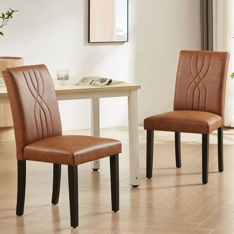 Javlergo Set of 2 High Back Dining Chairs PU Leather or Linen Upholstery Density Foam for Dining Room Kitchen Living Room - Set of 2 - Brown
