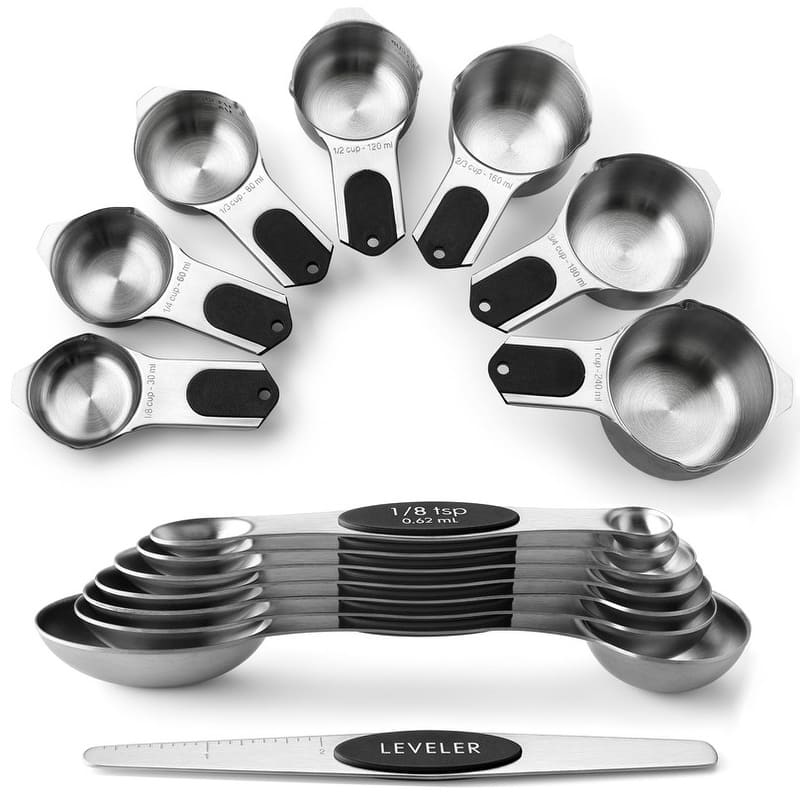 Magnetic Measuring Cups & Spoons Set, Strong Magnets, Set of 15 - Set of 15 - Black