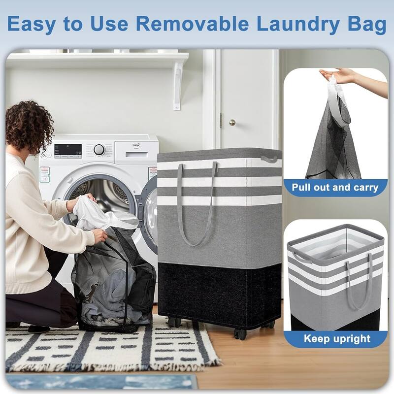 80L Large Laundry Basket, Laundry Hamper with 4 Wheels, Collapsible Waterproof Clothes Basket, Freestanding Hamper with Handles