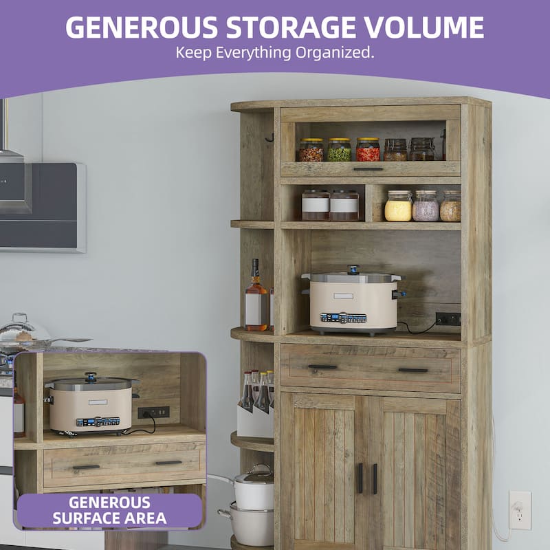 67" Kitchen Pantry Cabinets with Microwave Stand & Charging Station