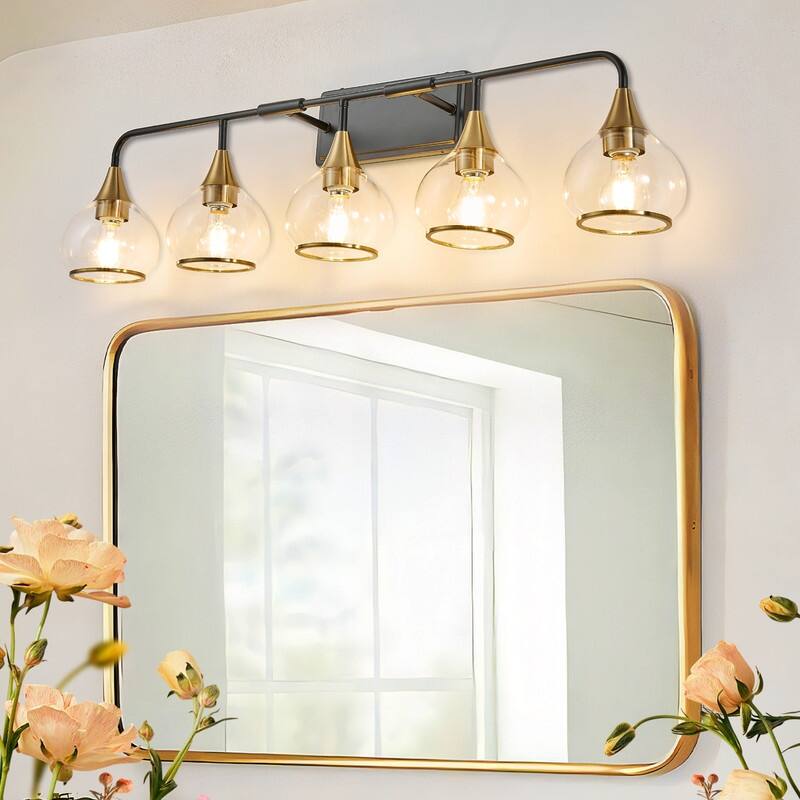 Modern Black and Gold Vanity Wall Sconce with Clear Glass Shades Industrial Bathroom Light Fixture (Bulb Not Included)