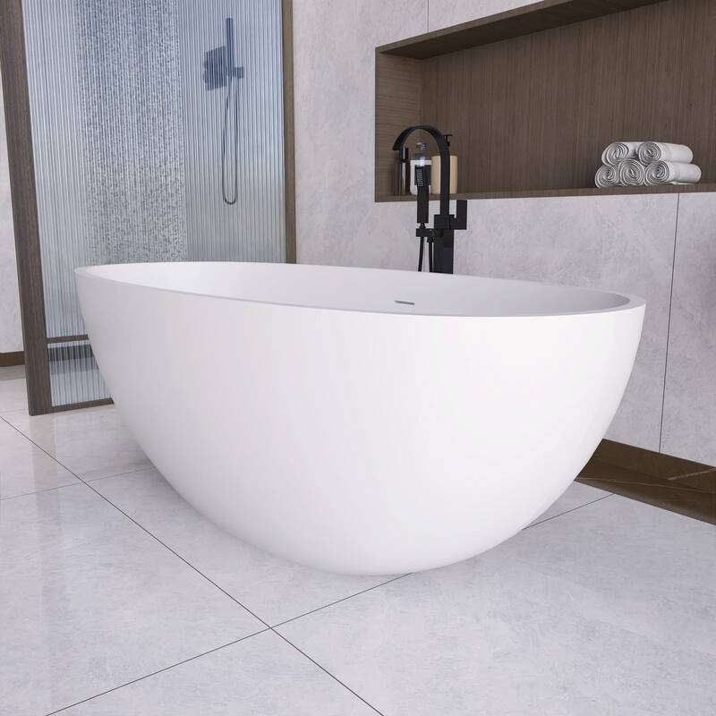 Solid Surface Freestanding Flatbottom Soaking Bathtub in Matte White