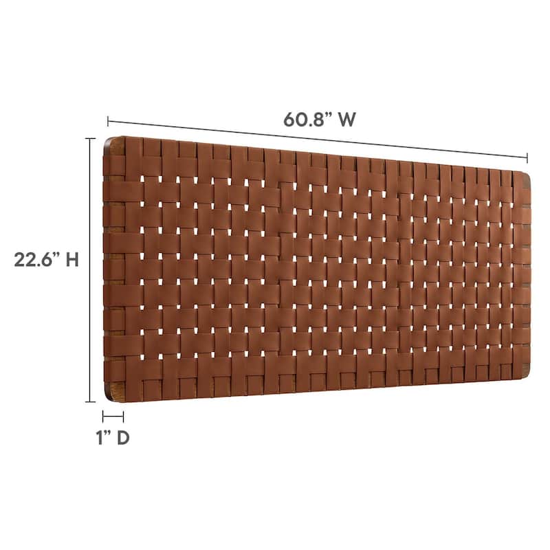 Ditmas Solid Wooden Brown Leather Basket Weaved Floating Queen Size Headboard