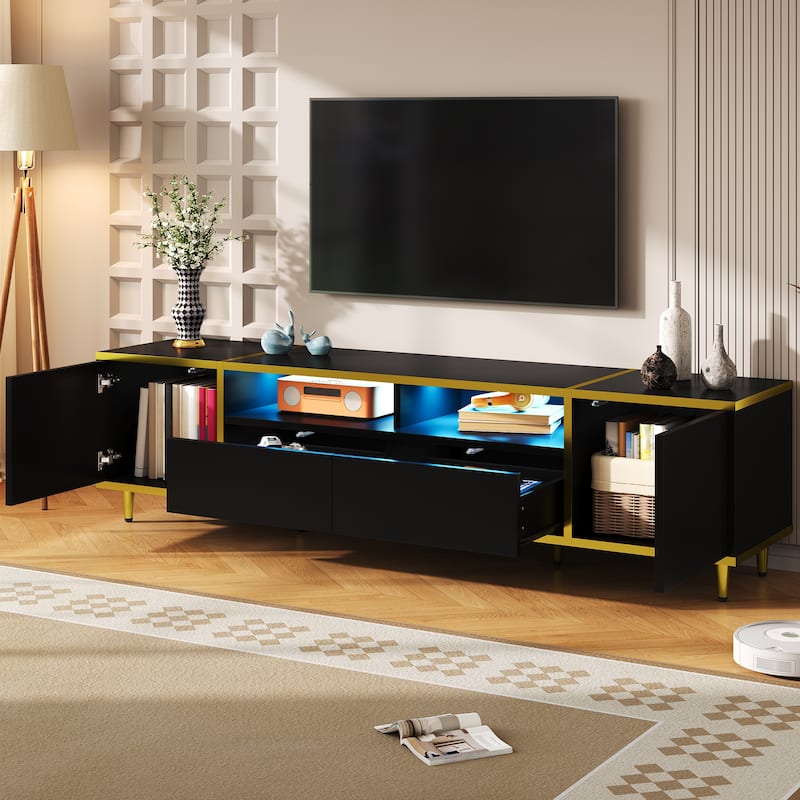 70.9'' Modern TV Stand for TVs up to 80 Inches, Entertainment Center Storage Cabinet with 2 Shelves and LED Lights - Black