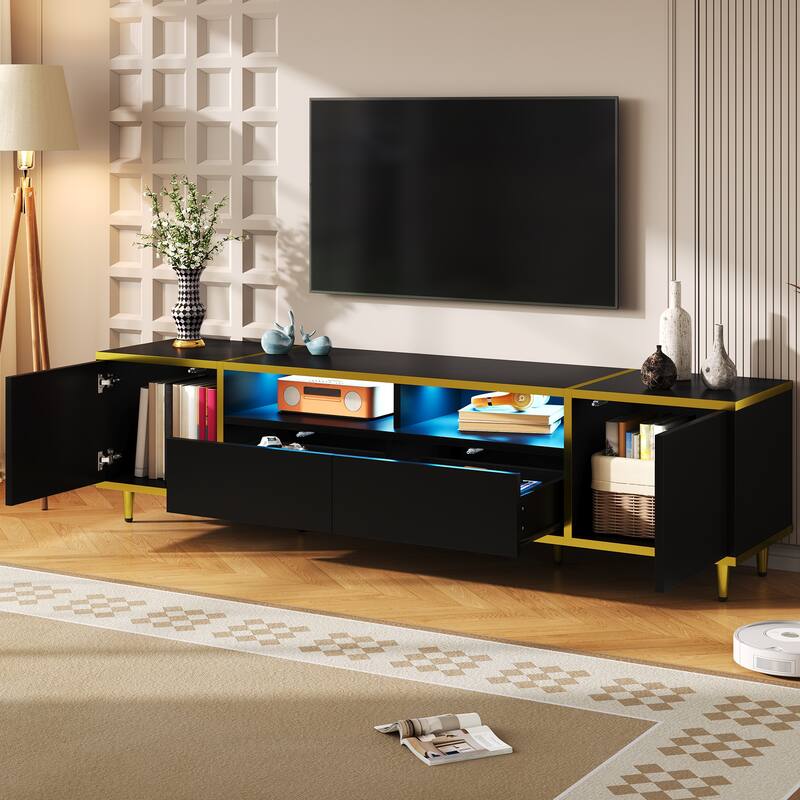 Modern LED TV Stand Storage Cabinet with 2 Drawers & 2 Shelves, Entertainment Center Console for TVs up to 80" - Black