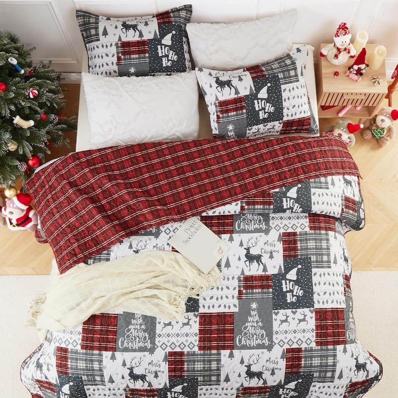 Christmas Plaid Quilts Coverlet Bed Set with Pillow Shams, Bedding Set
