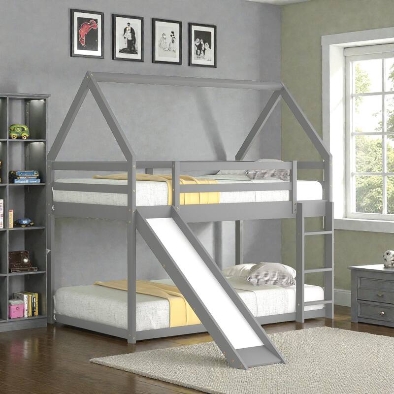 Twin House Bunk Bed with Slide and Ladder, Kids Wooden Bunk Bed Frame with Guardrails, Pine Wood and MDF - Grey - Twin