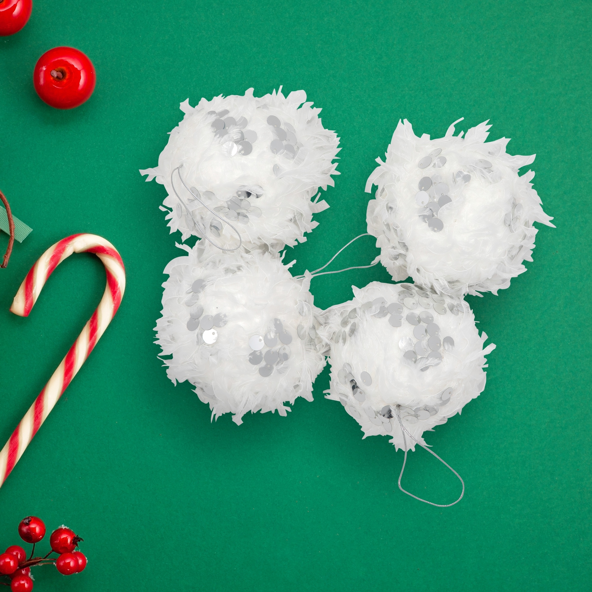 Feather Ball Large Sequins Christmas Ornaments 3.5" White Set of 4