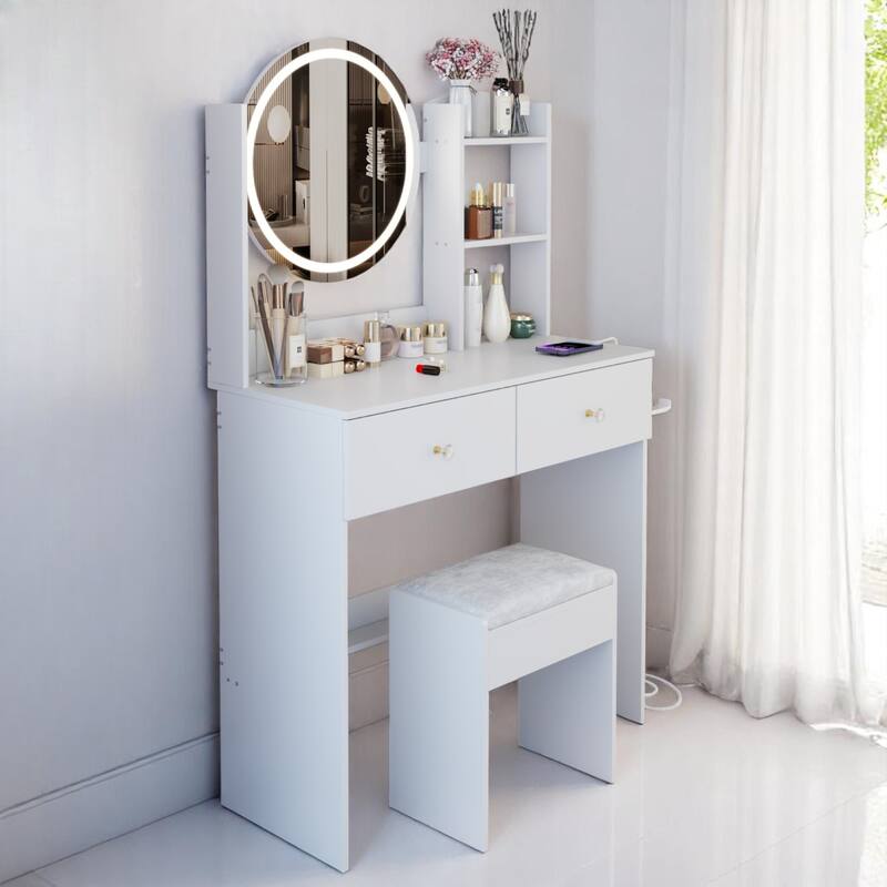 KISRAIS 31.5" Vanity Desk with Mirror, Light, Power Station, and Hair dryer bracket
