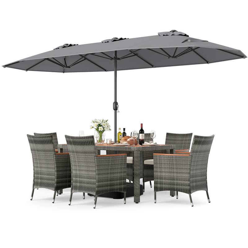 Gymax 8-Piece Patio Dining Set w/ Double-Sided Market Umbrella Acacia