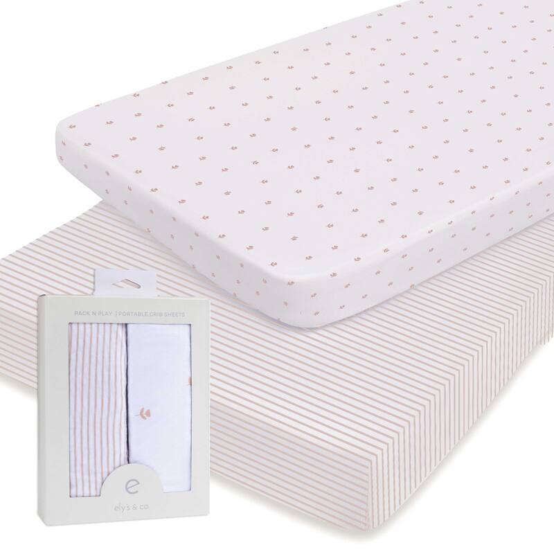 Ely's & Co. Baby Fitted Pack n Play - Mini Crib Sheet Set - 2 Pack - 38" x 24" - Pink Tulip & Stripes