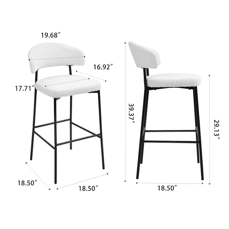 Set of 2 Bennett White Boucle Upholstered Fabric Bar Stool with Black Iron Legs