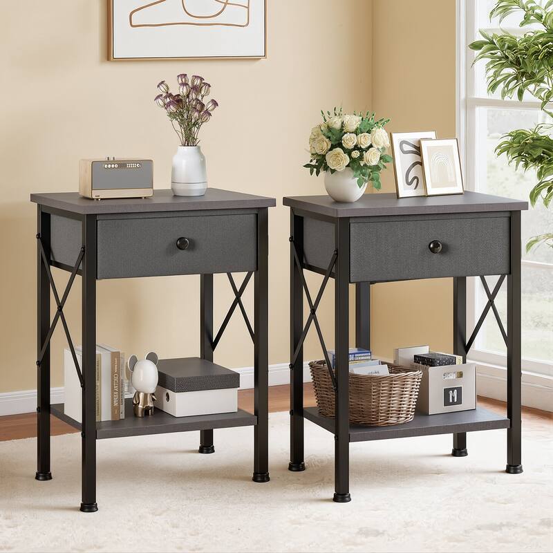 Javlergo 2 Pack X Frame Nightstand with Removable Fabric Drawer Easy to Clean Multifunctional End Table with Open Shelf - Ash Grey