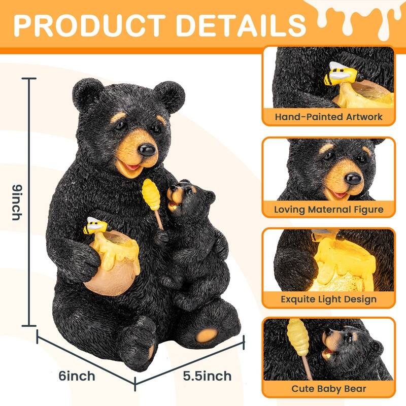 Solar Mother & Child Bears Statue for Outdoor Garden Decor with LED Lights - 6 in. x 6 in. 9 in.