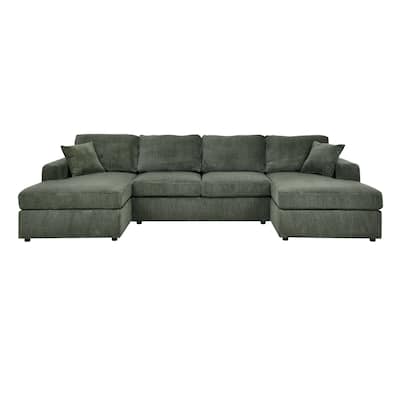 3-Piece Green Corduroy Double-Chaise Sectional: Seats 4, Flexible, Minimalist, Easy to Maintain