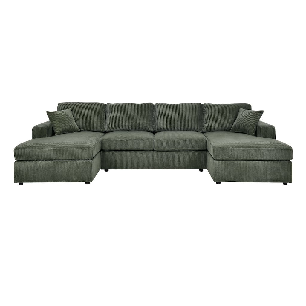 3-Piece Green Corduroy Double-Chaise Sectional: Seats 4, Flexible, Minimalist, Easy to Maintain