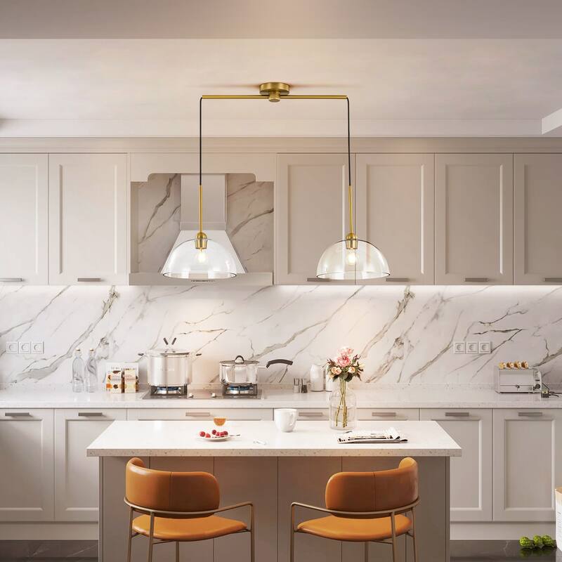 2-Light Modern Gold Linear Dome Clear Glass Globe Bubble Kitchen Island Lights