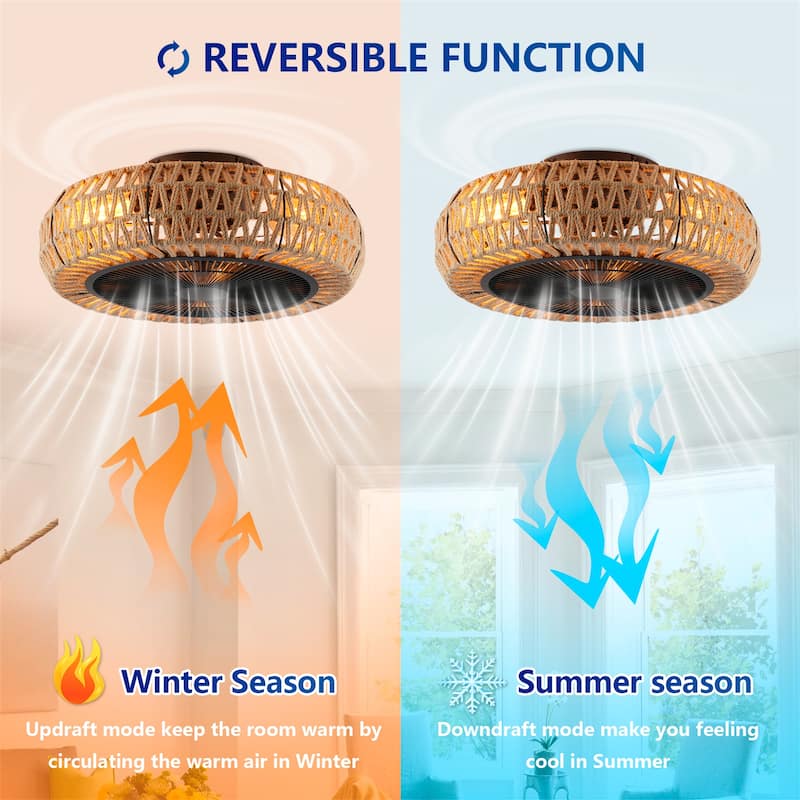 20" Vintage Rope Ceiling Fan Light w/ Remote Control 6 Speed Adjustable Airflow, NOT Included Bulbs