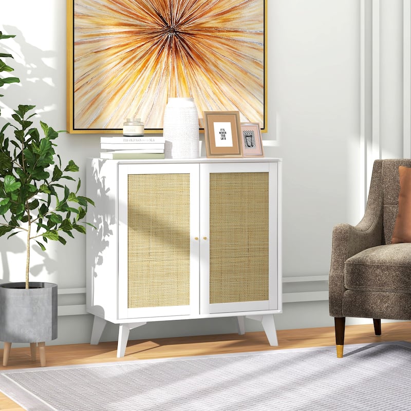 HOMCOM Boho Storage Cabinet, Kitchen Cabinet with 2 Rattan Doors and Adjustable Shelf for Living Room, Hallway, White - White